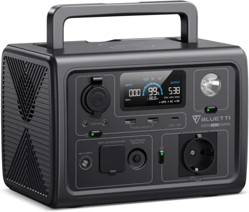 Generador solar portatil bluetti EB3A, con salidas y entradas USB, 220V y 12V, entre otras
