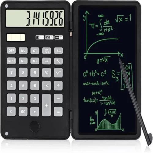 Calculadora solar con tableta LCD. Ideal para cálculos, conversiones y anotaciones. Por ejemplo convertir Wh a Ah, o libras a kilos.