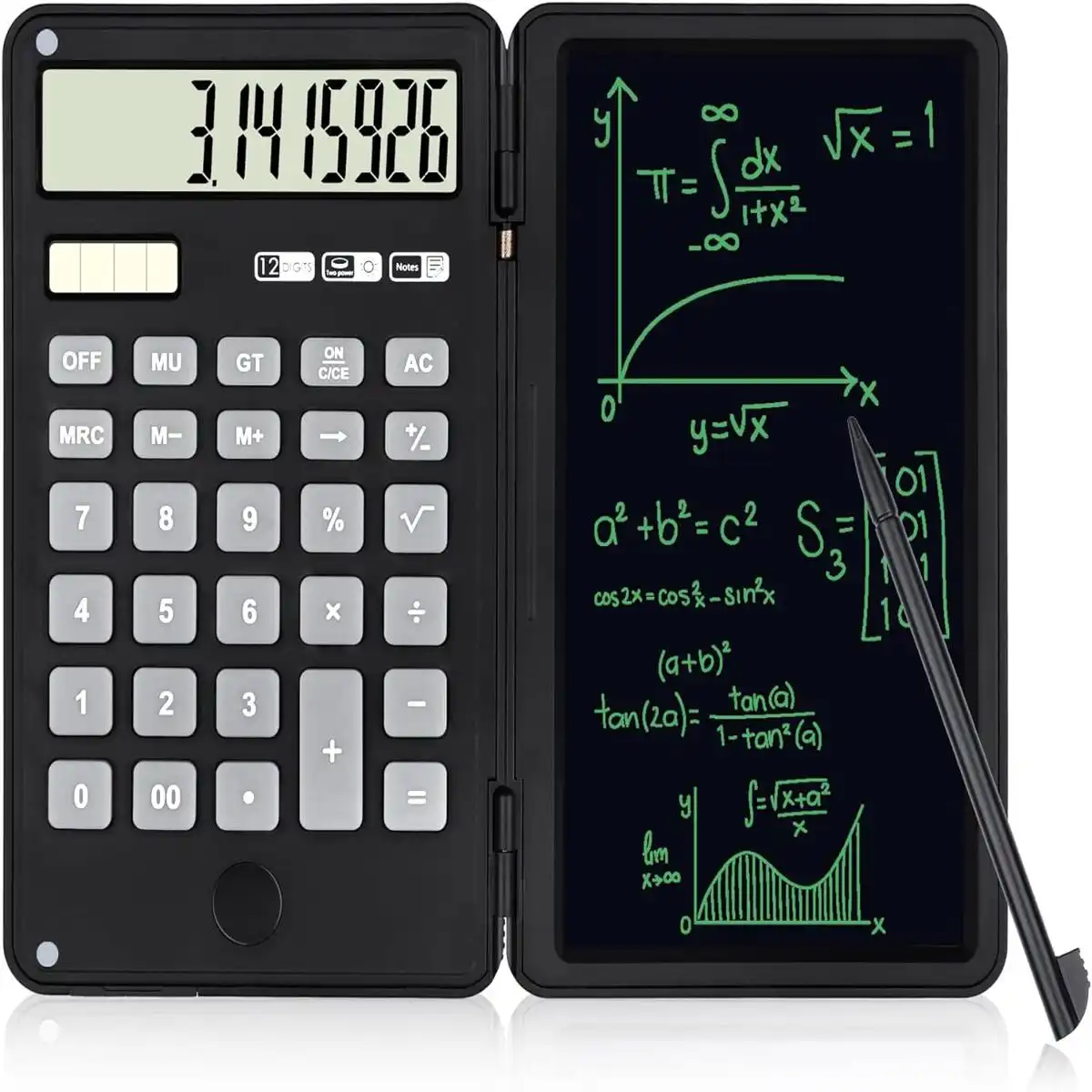 Calculadora solar con tableta LCD. Ideal para cálculos, conversiones y anotaciones. Por ejemplo convertir Wh a Ah, o libras a kilos.