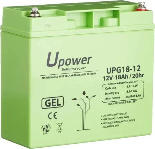 Batería gel 12V 18Ah UPower para pequeñas placas solares, libre de mantenimiento