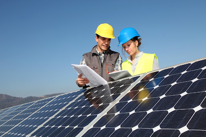 Man showing solar panels technology to student girl
