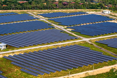 Solar farm, solar panels in Thailand from the air
